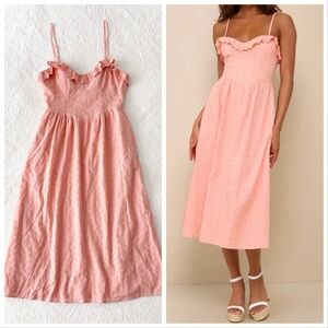 Lulus Lovely Weather Pink Embroidered Bustier Midi Dress with Pockets Small
